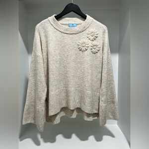 CeCe Cream Sweater with Floral Accents oversized split high low hem medium
